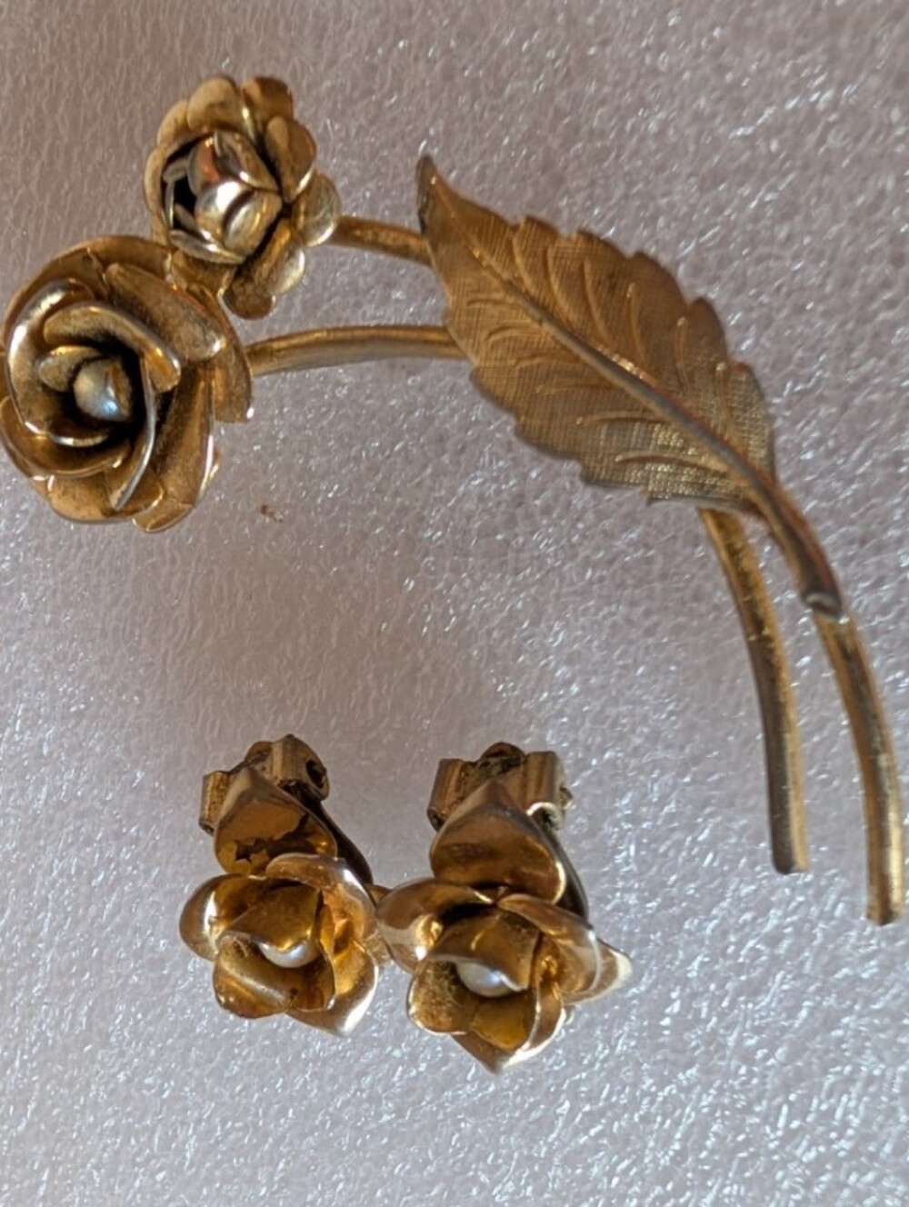 Gold-Tone Rose Clip Earrings With Matching  Brooch Set